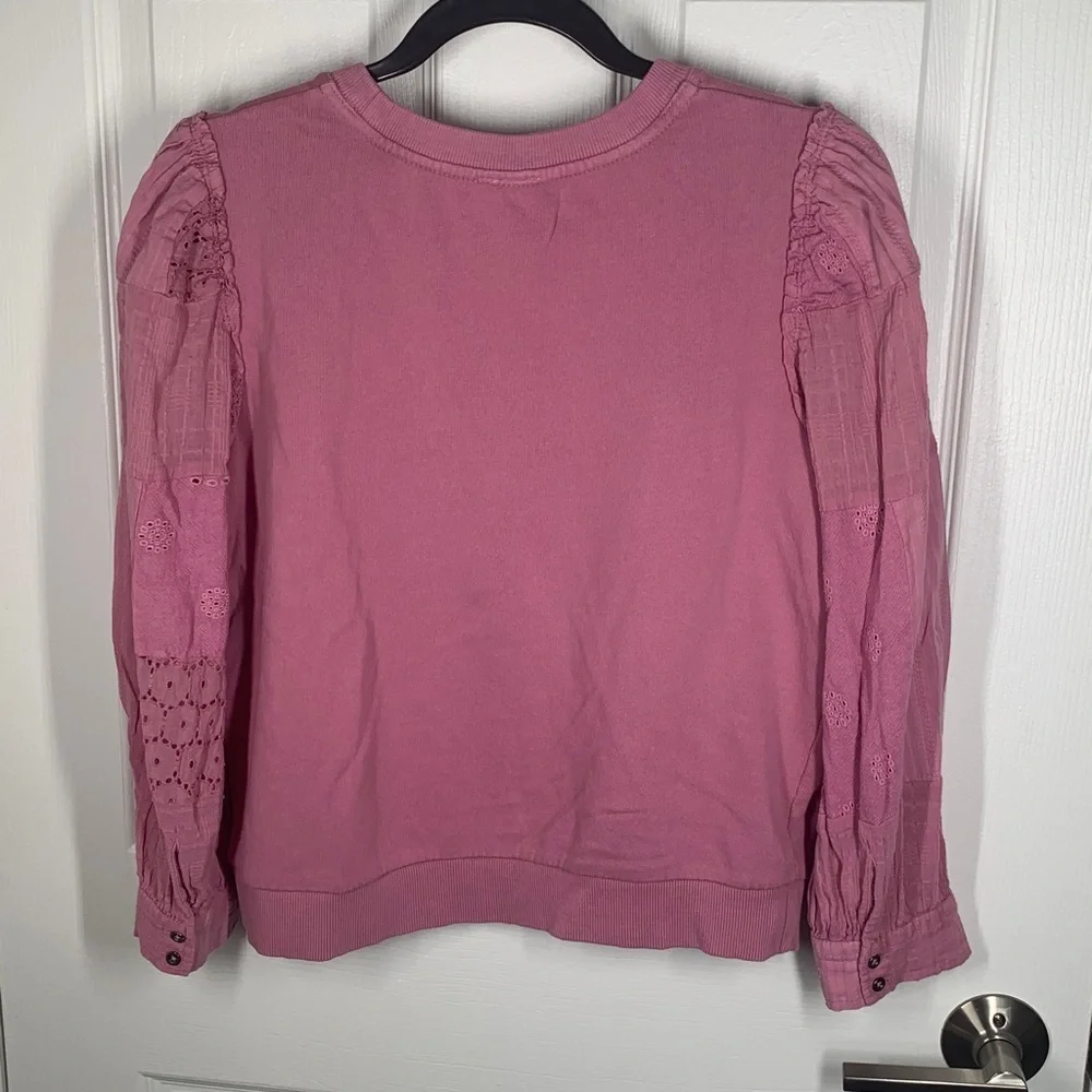Pilcro pink crewneck sweatshirt with puff embroidered eyelet sleeves size small